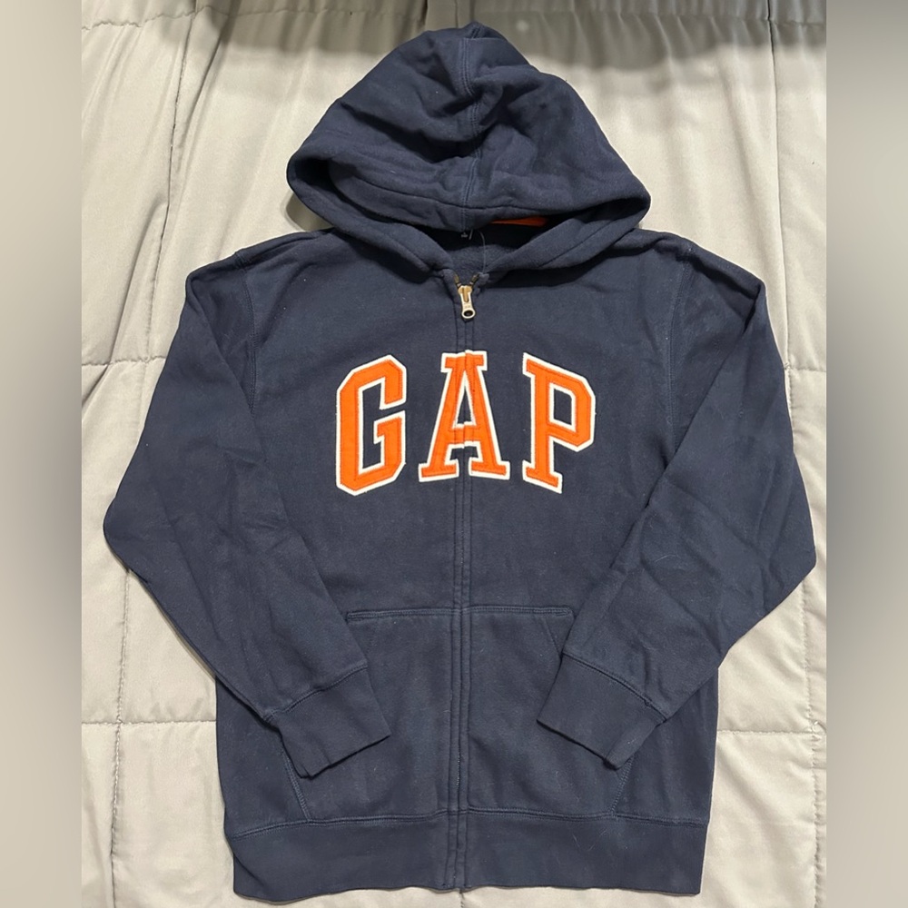GAP Dark Blue Zip-Up Hoodie with Bright Orange Logo Sz Large 10